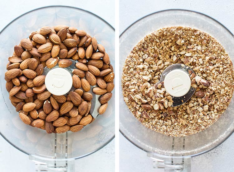 photo collage of whole almonds in the food processor and after they are processed