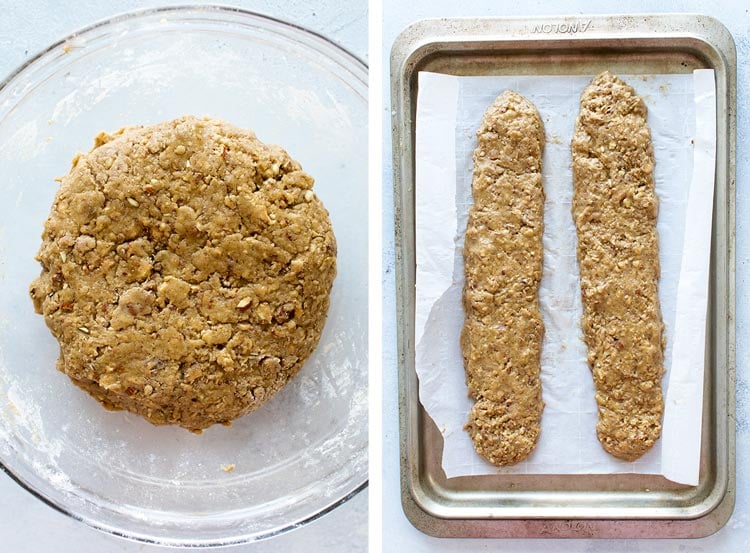 photo collage of the dough in a bowl and the dough formed into logs