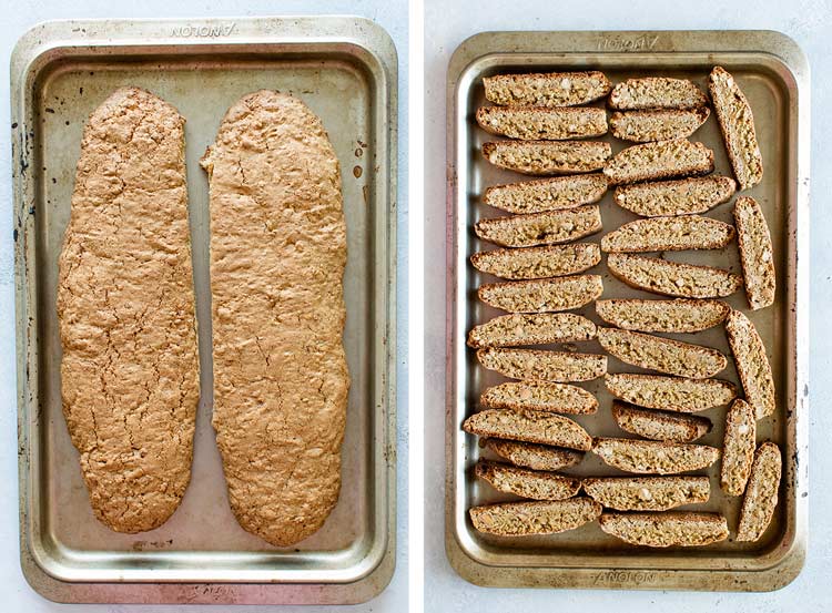 photo collage of the baked logs and the sliced biscotti on the baking sheet