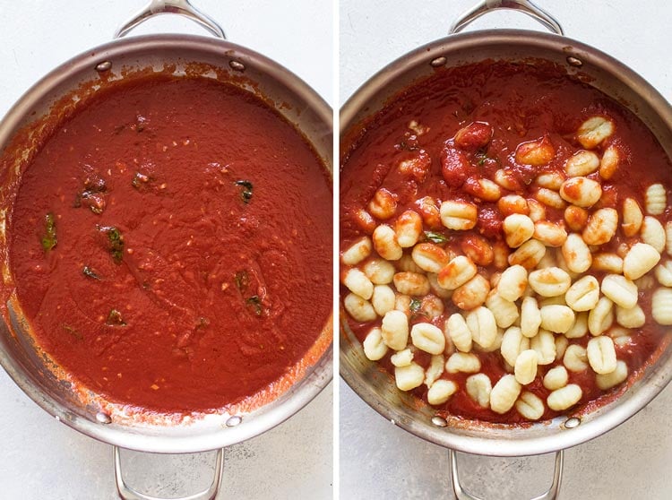 photo collage of the sauce and the gnocchi being added