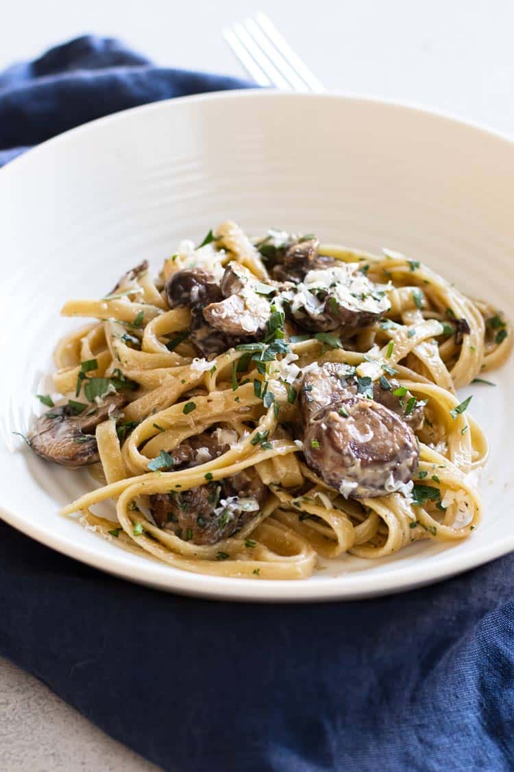 close-up photo of a bowl of truffle mushroom pasta