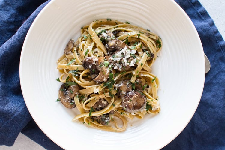 overhead photo of truffle pasta with mushroms