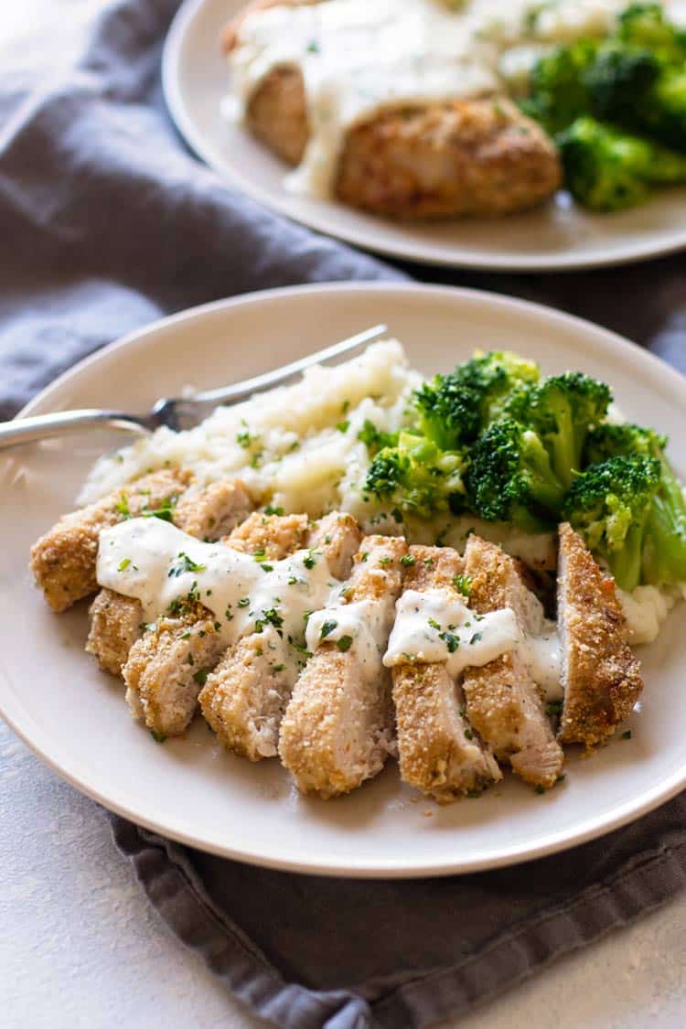 photo of a plate of sliced pork chops with broccoli