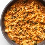 photo of a skillet of pasta