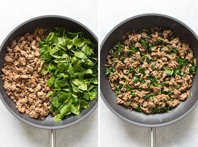 photo collage showing how to cook the spinach and sausage