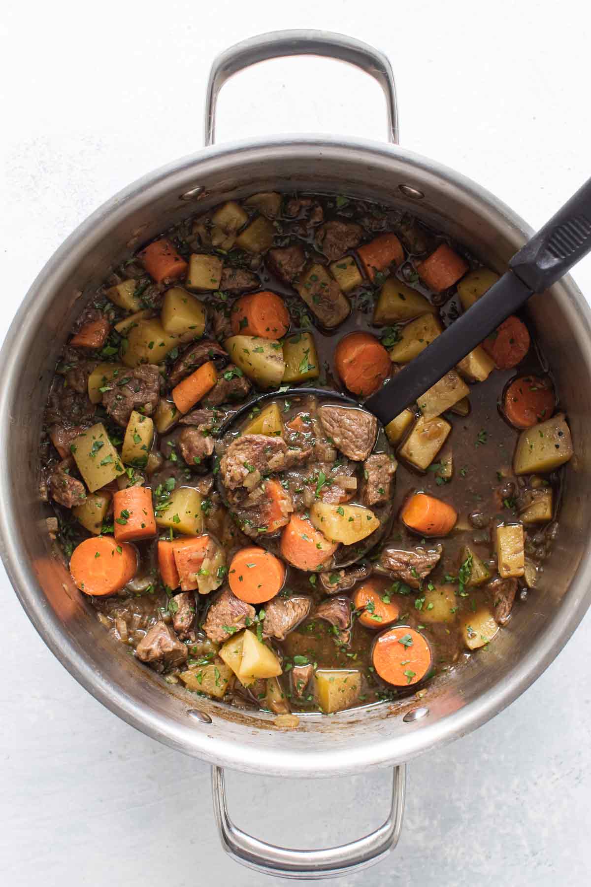 overhead photo of a pot of stew.