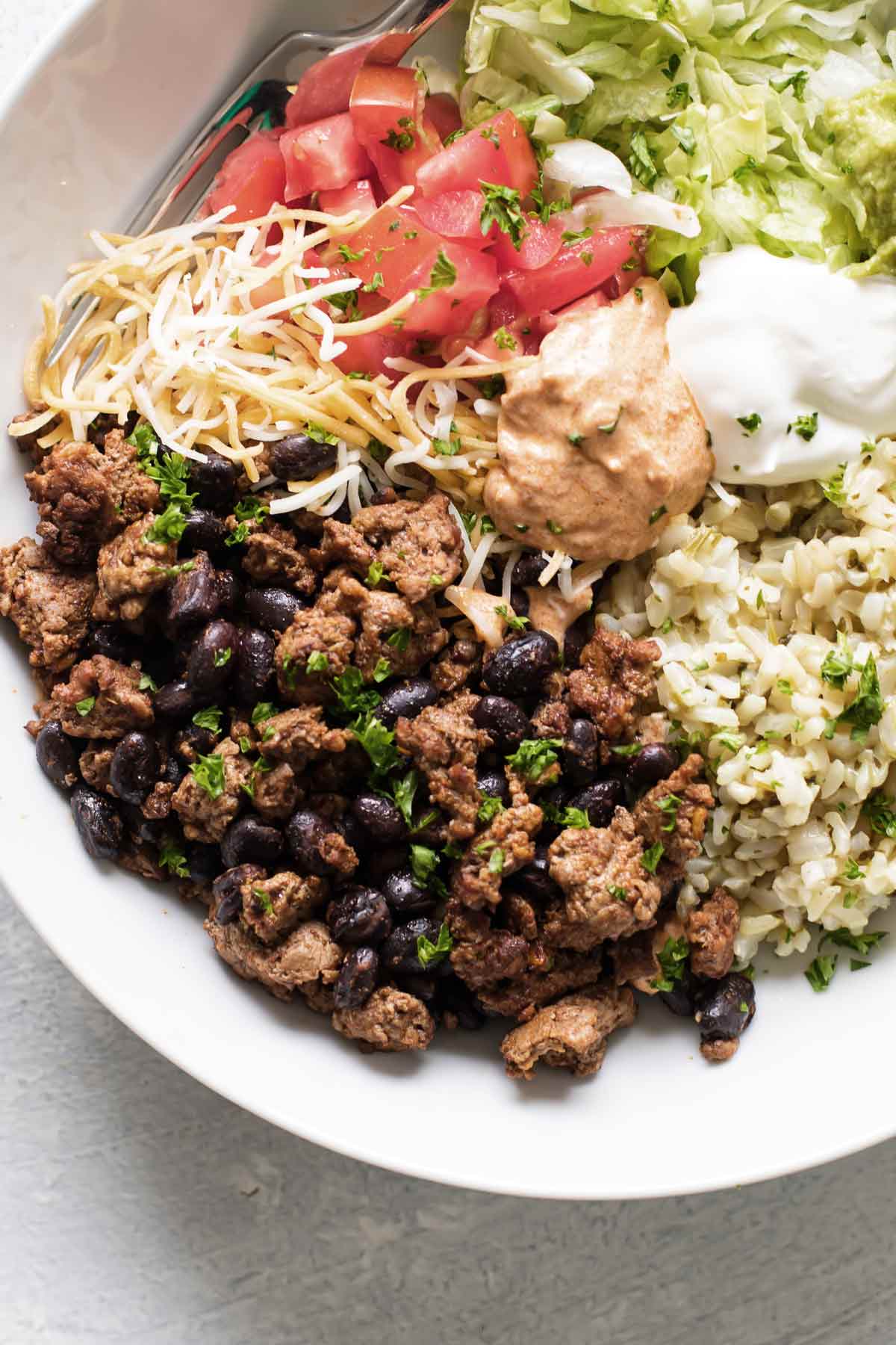 overhead photo of a burrito bowl