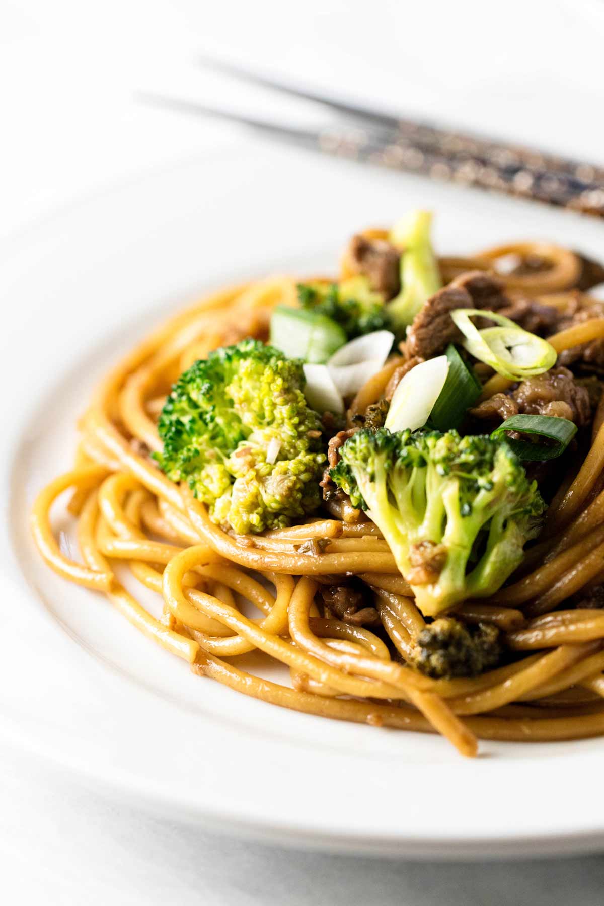 close-up photo of ginger beef noodles