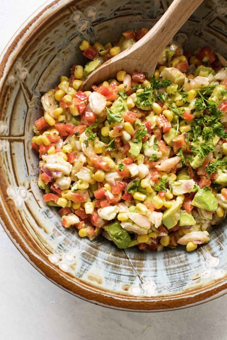 overhead photo of a avocado shrimp salad