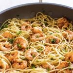 photo of shrimp pasta with text