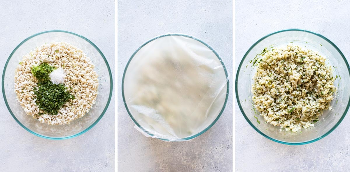 photo collage showing before and after the rice is cooked