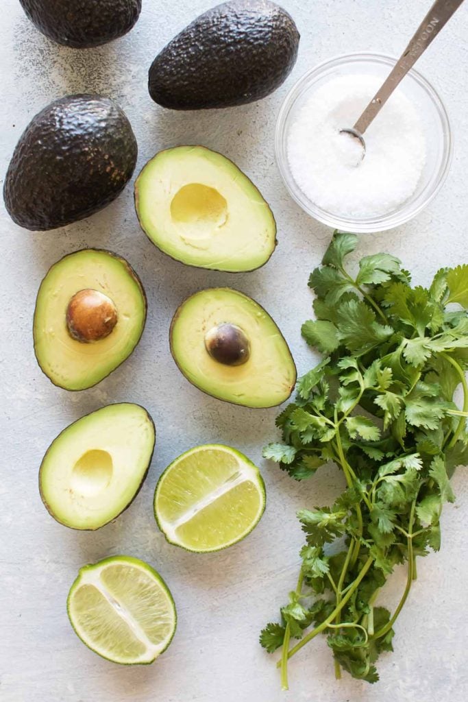 overhead photo of avocados, a bowl of salt, limes and fresh cilantro