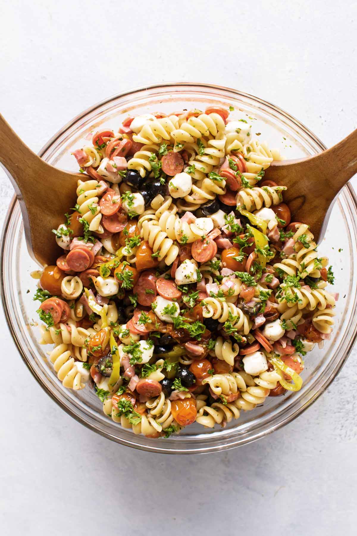 overhead photo of italian pasta salad