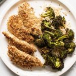 overhead photo of sesame crusted chicken with broccoli and rice