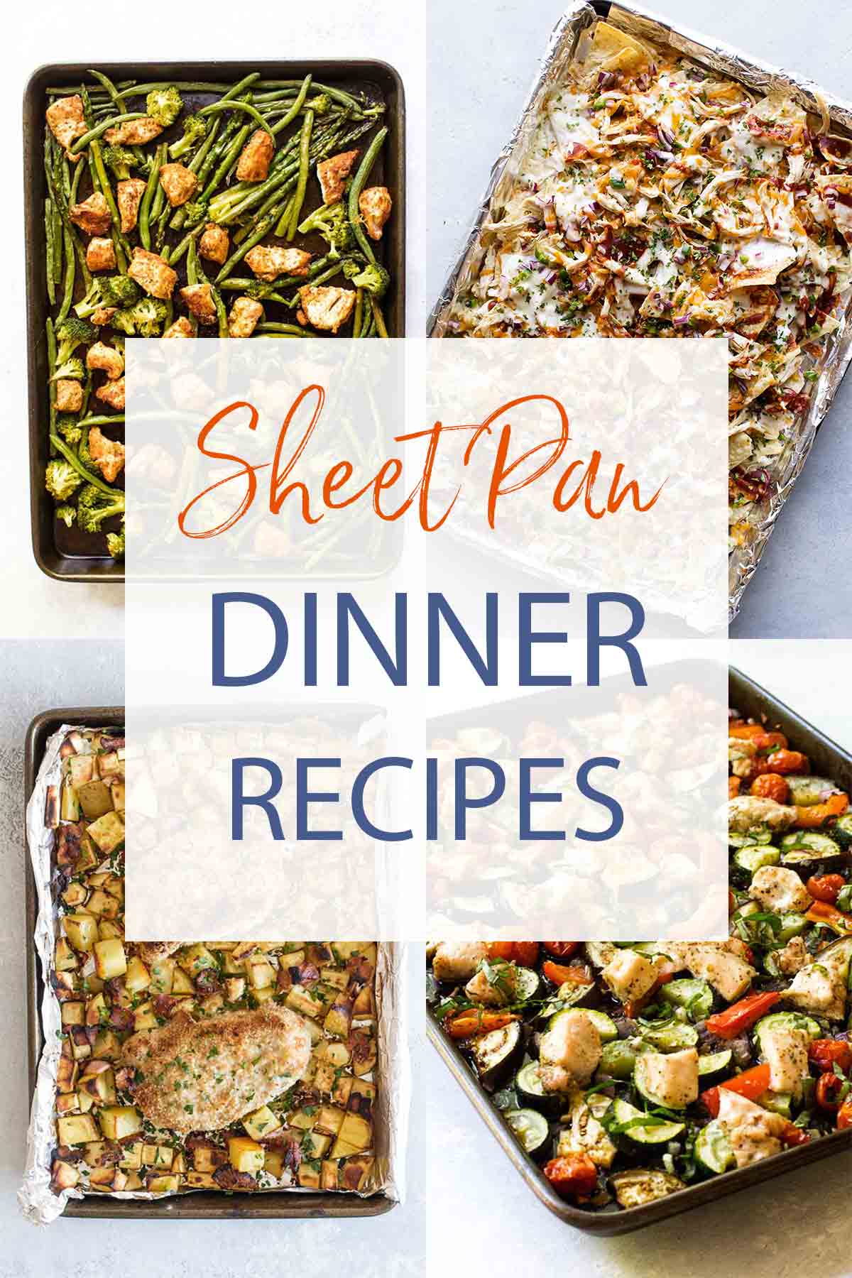 photo collage of different sheet pan dinners with text overlay