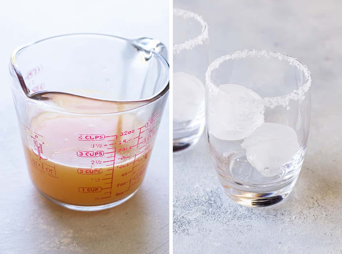 photo collage of the citrus juice in a measuring cup and a glass with ice cubes and salt on the rim