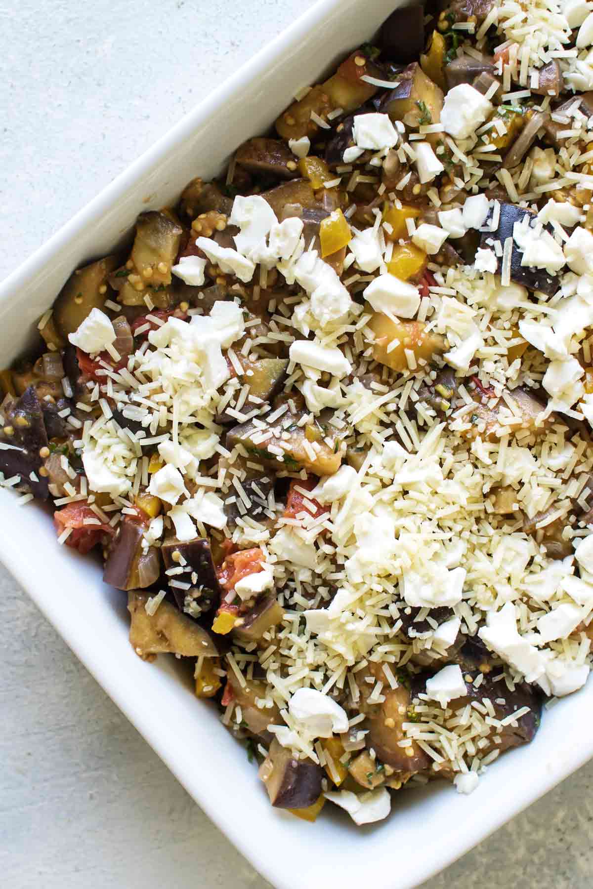 overhead photo of the casserole ready to go in the oven