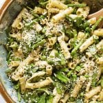 close-up overhead photo of pasta salad