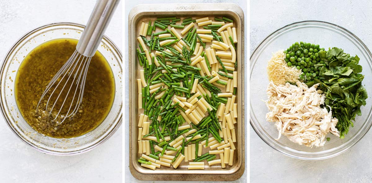 photo collage showing the dressing, the cooked pasta and asparagus and the rest of the ingredients