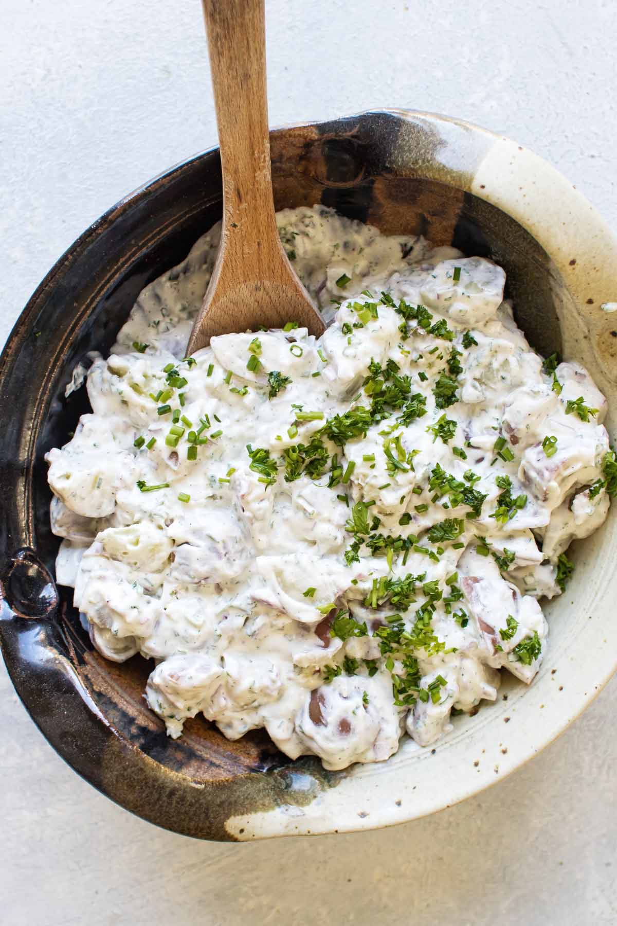 Overhead photo of a bowl of potato salad