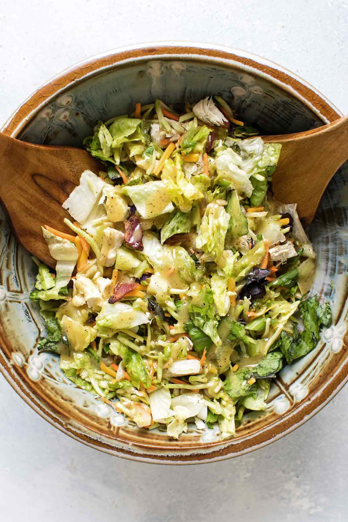 overhead photo of the chopped salad in a bowl