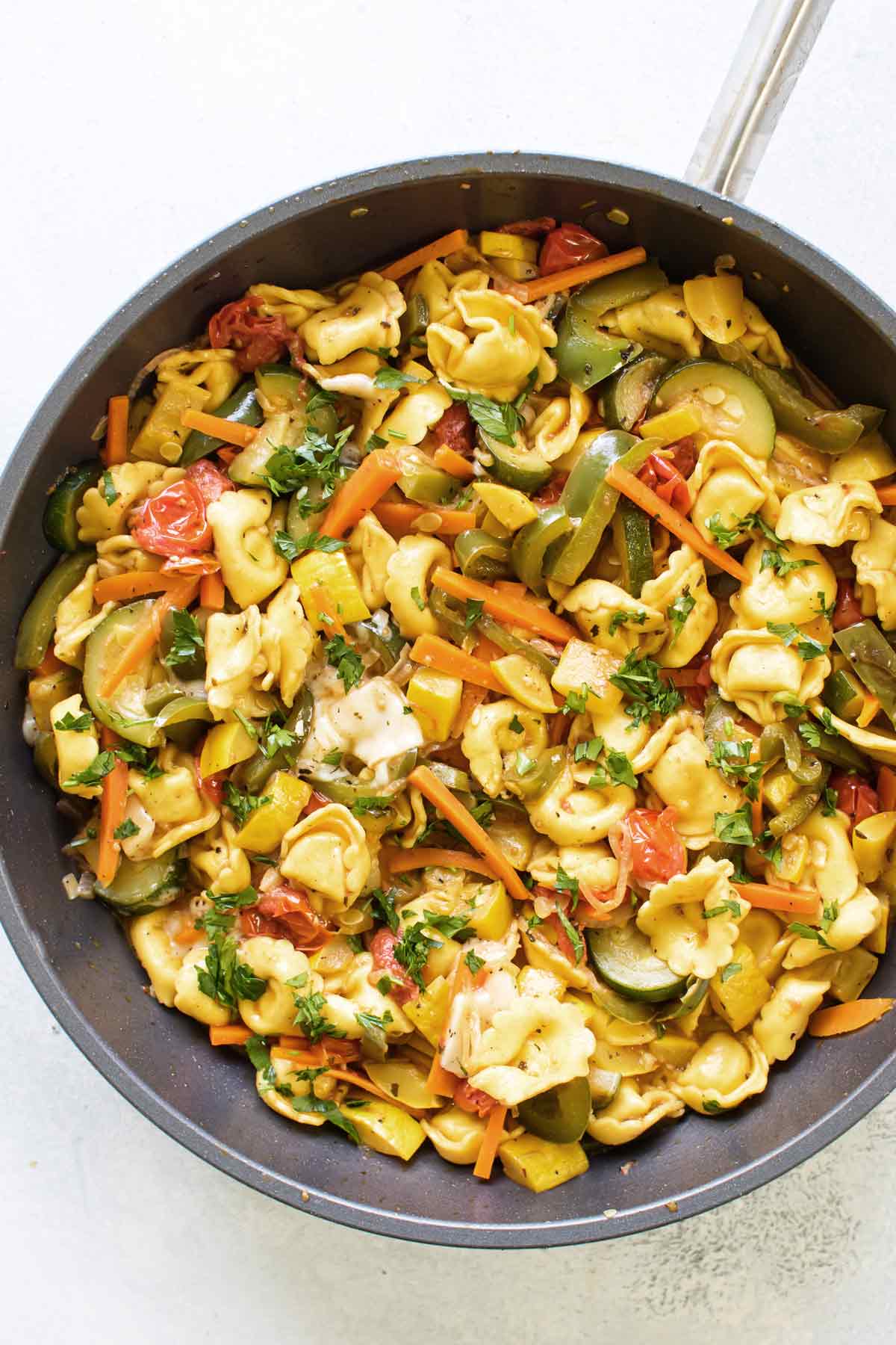 overhead photo of a skillet with primavera