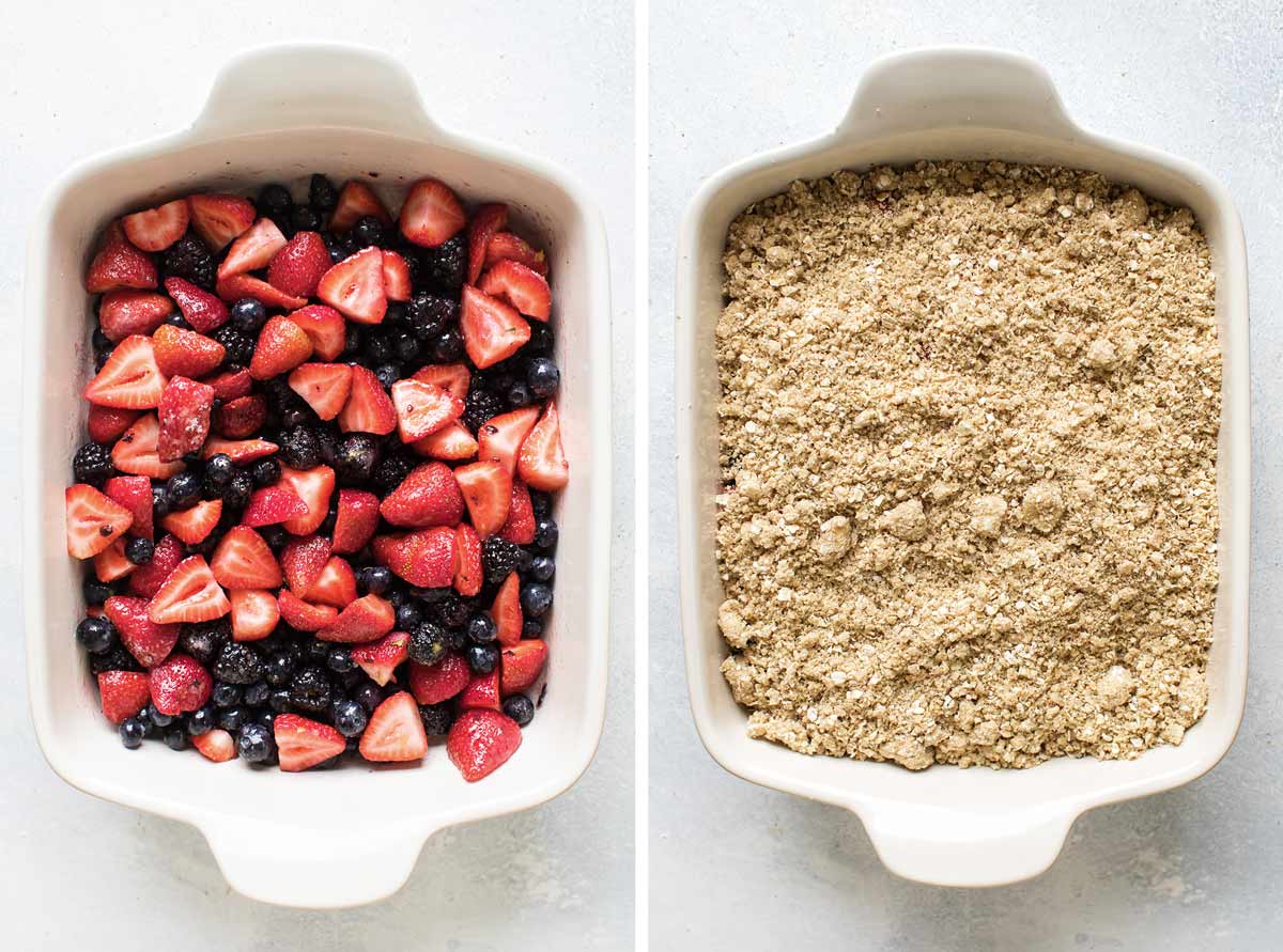 photo collage showing fruit in baking dish and with the topping