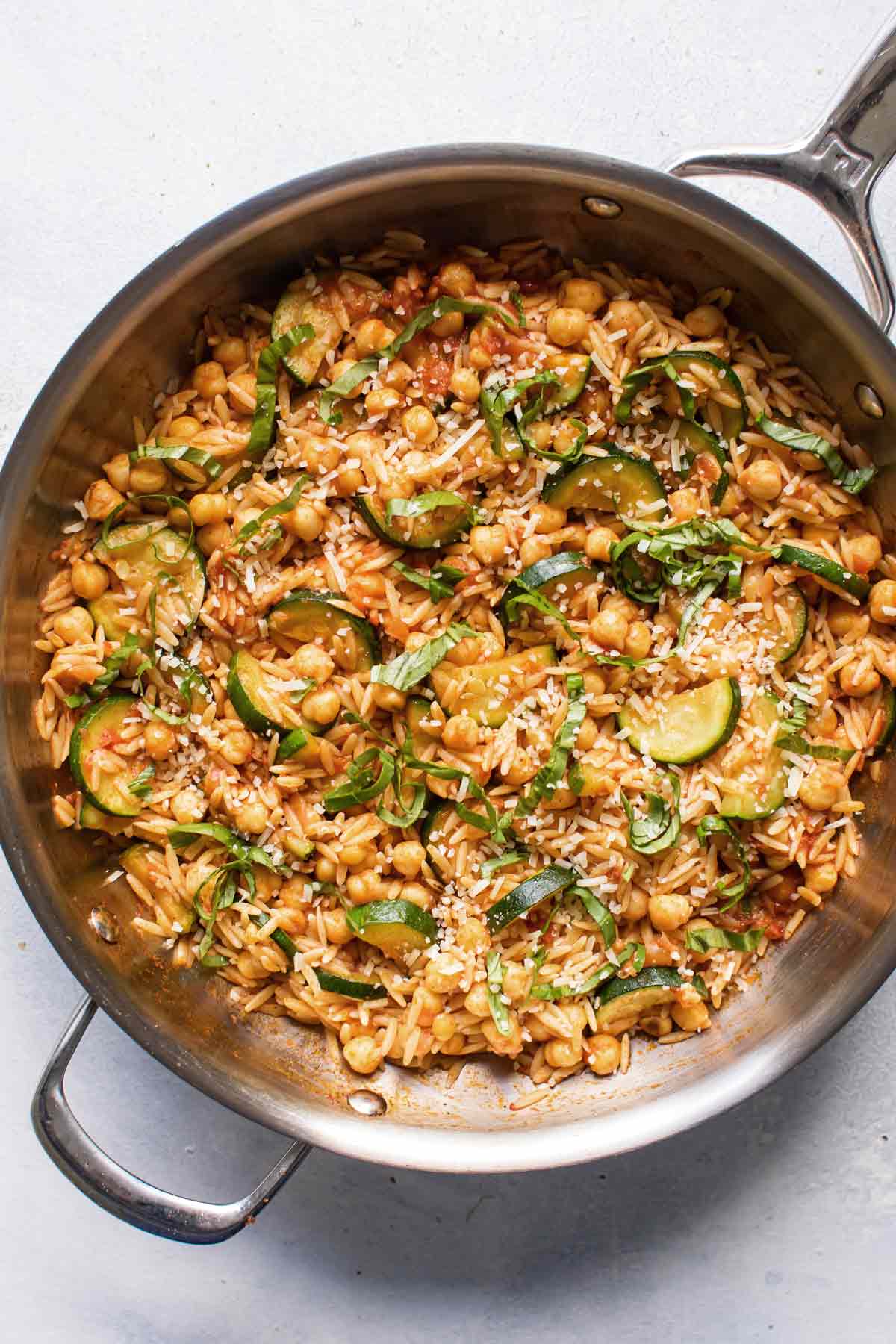 overhead photo of a pasta dish in a skillet