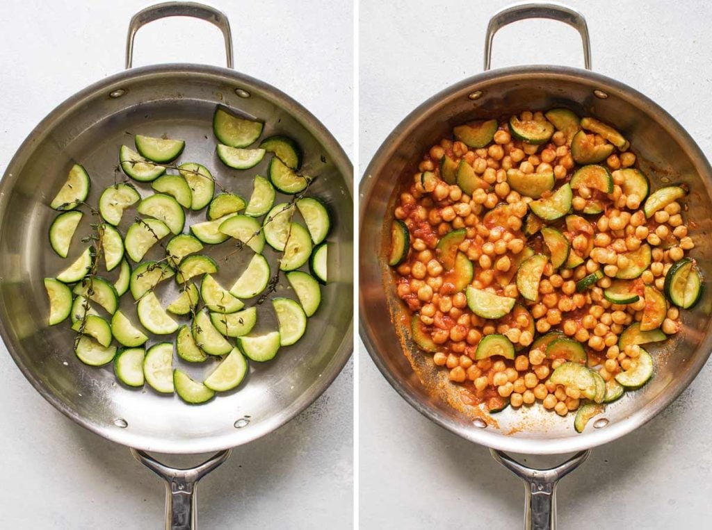 photo showing the cooked zucchini in a skillet and the sauce and chickpeas added to the pan