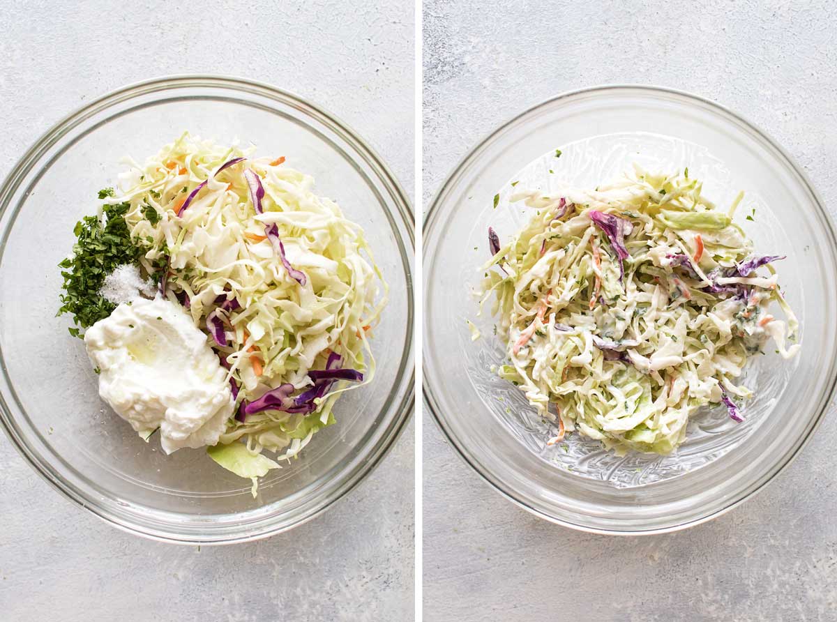 photo collage showing the slaw ingredients in a bowl and mixed up together.