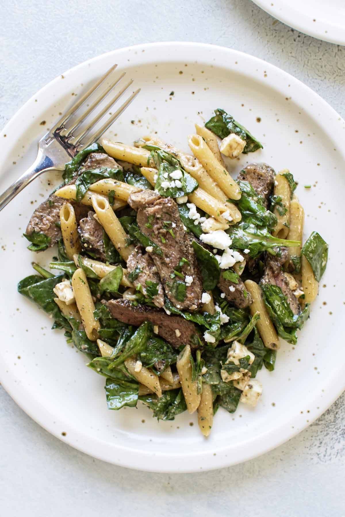 overhead photo of a plate of pasta with steak and spinach