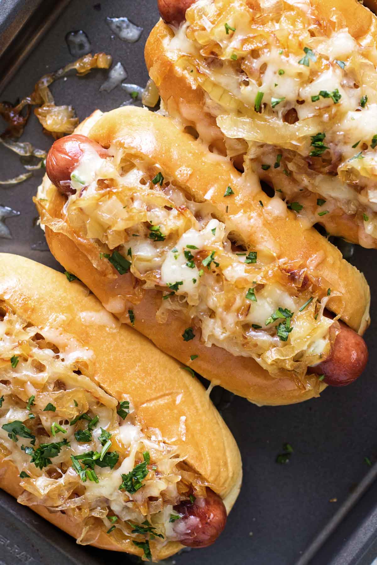 overhead photo of a french onion hot dog