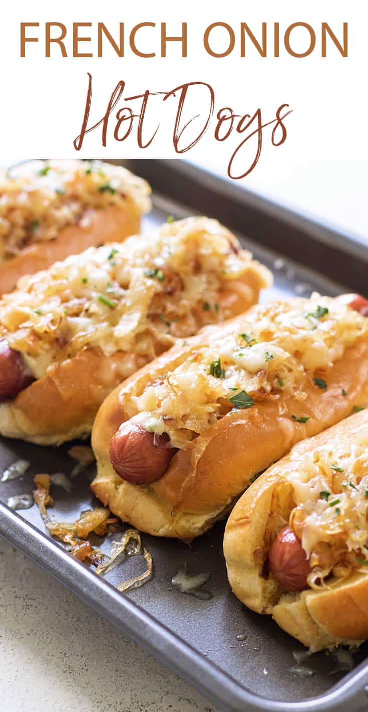 pinterest image for french onion hot dogs