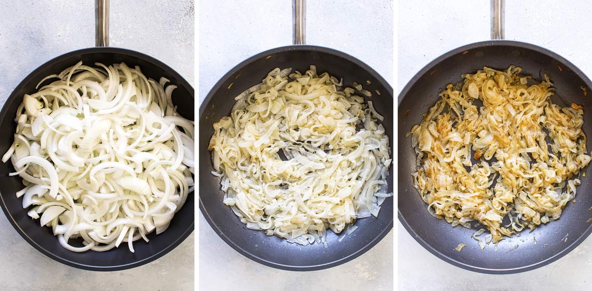 photo collage showing three stages of caramelizing onions in a skillet