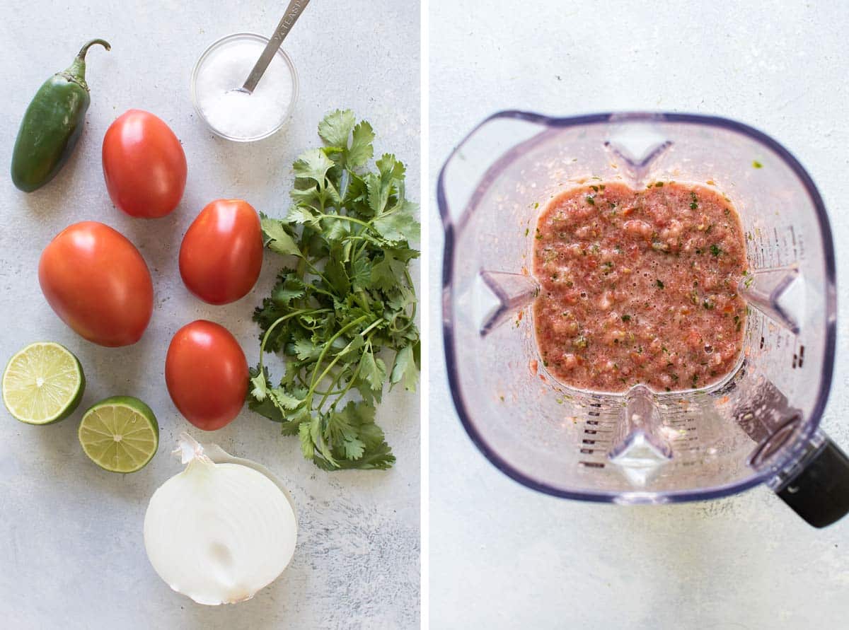 photo of the ingredients and a photo of the ingredients pureed in a blender.