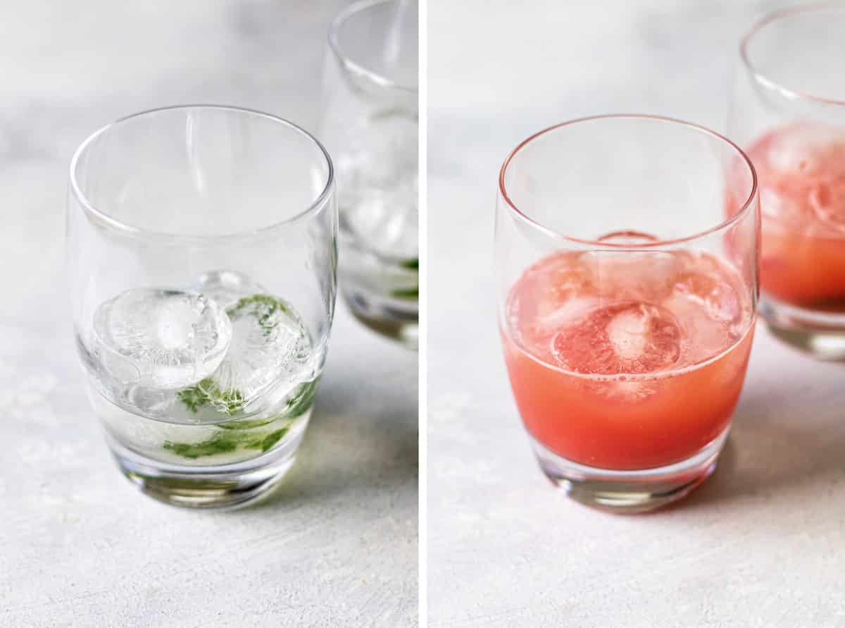 photo collage showing the rum in a glass and the watermelon juice added