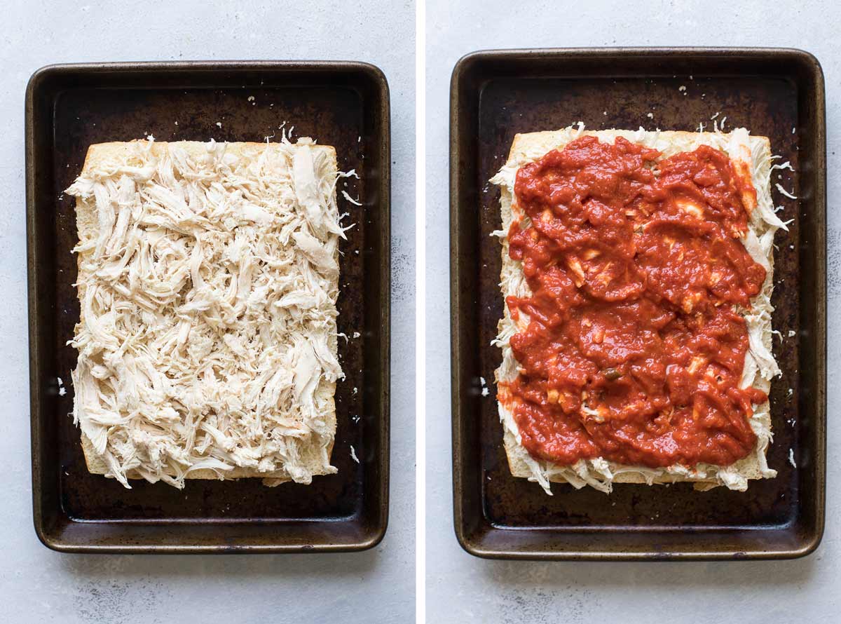 photo collage of chicken on rolls and marinara on top of the chicken.