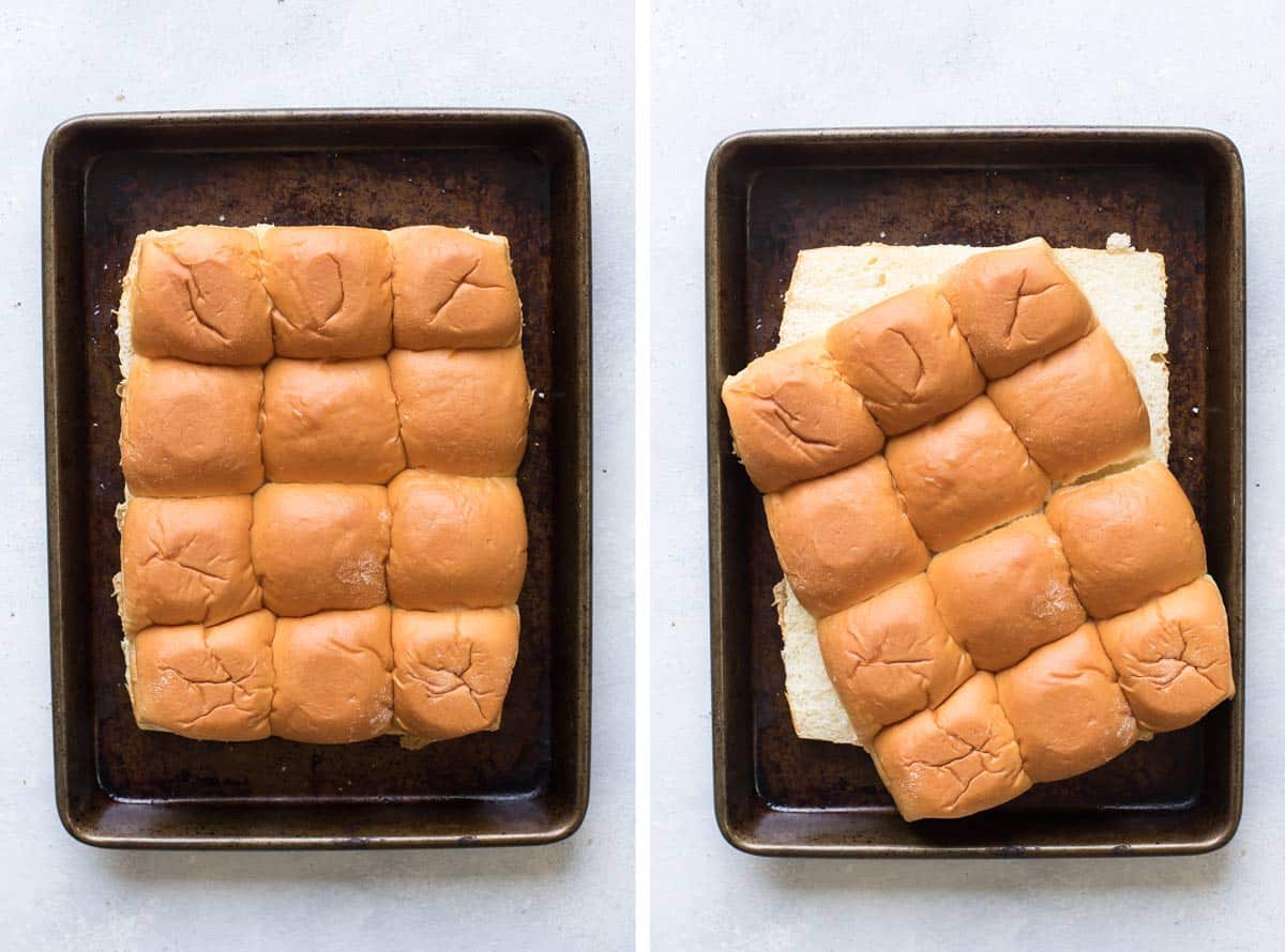 photo collage showing the buns in one piece and then sliced in half.