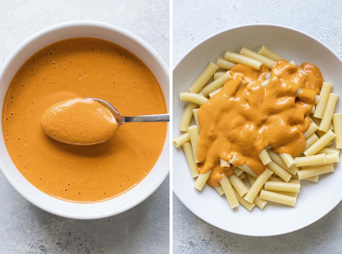 photo collage of the sauce in a bowl and the sauce on top of cooked pasta