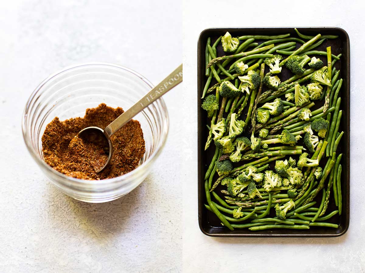 collage of the spices in a bowl and the vegetables on a sheet pan