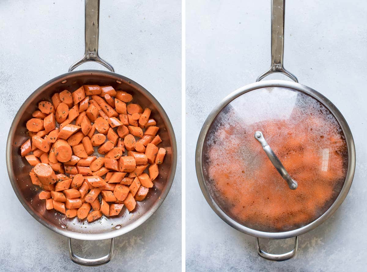 photo collage of the carrots in a skillet with oil and herbs and the skillet covered.