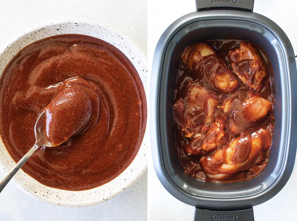 photo collage of the sauce and the chicken and sauce in a slow cooker.