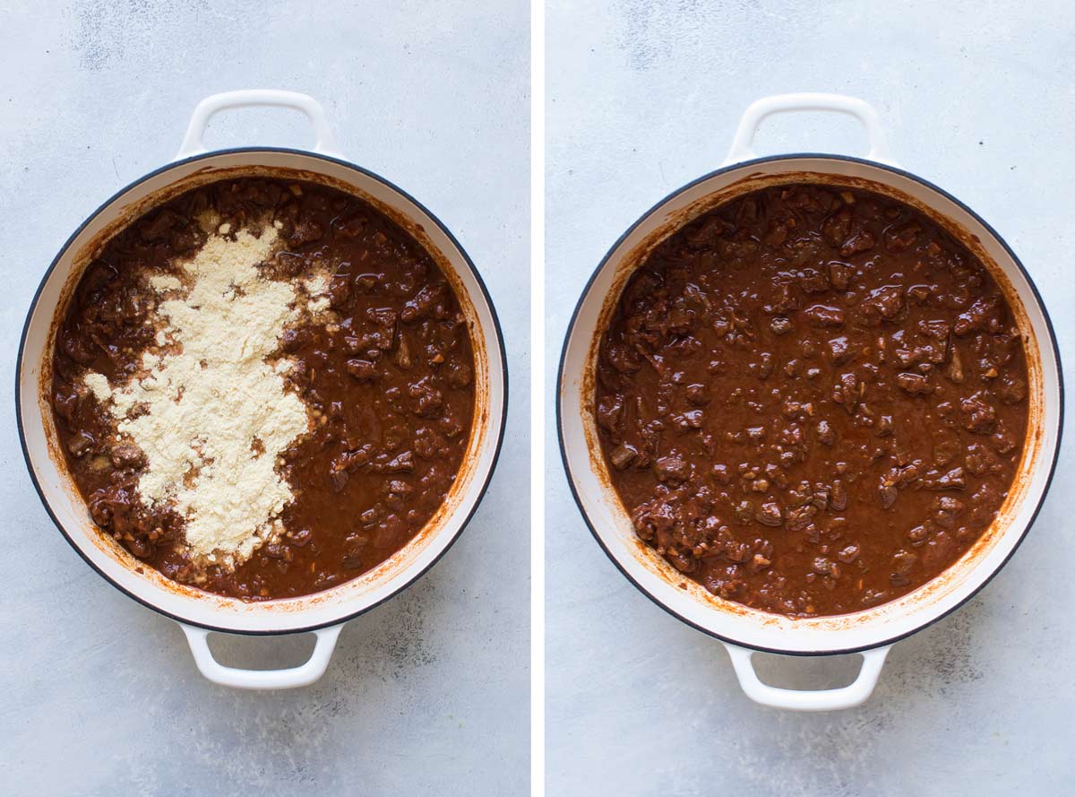 photo collage of the masa harina being added and the thickened chili.