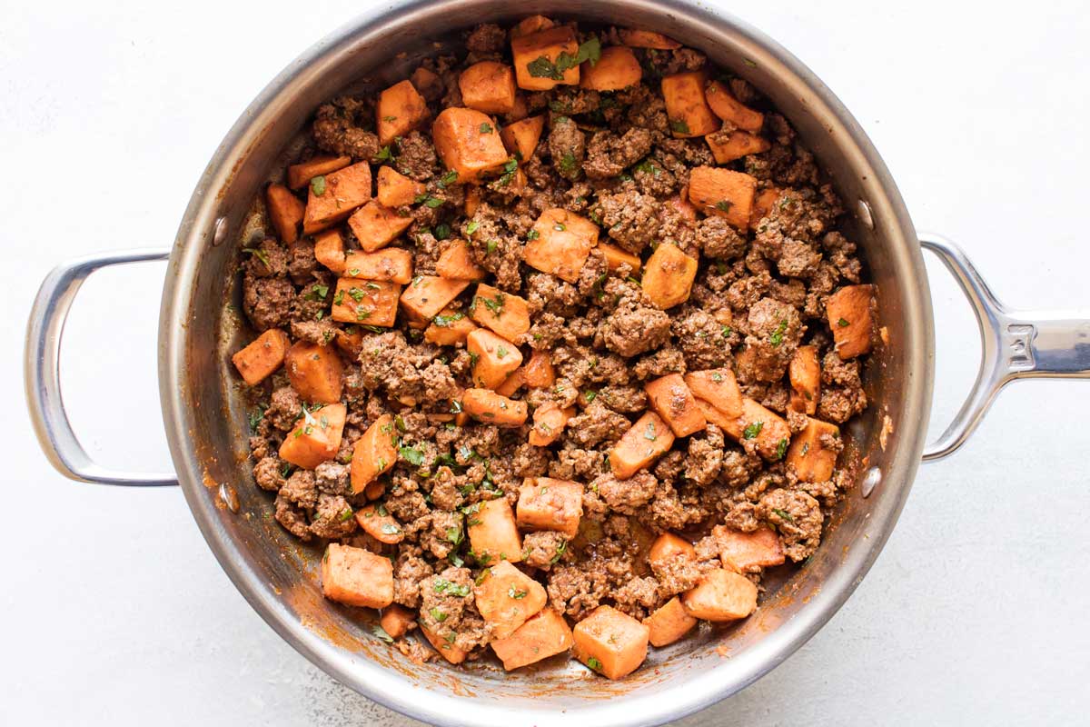 ground beef filling in a skillet.