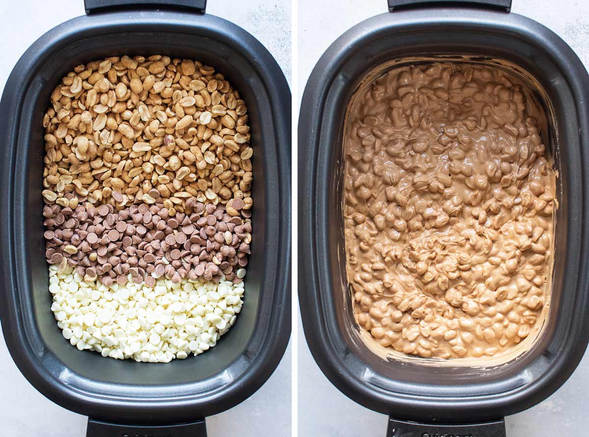 photo collage of the ingredients in the slow cooker and melted in the slow cooker.