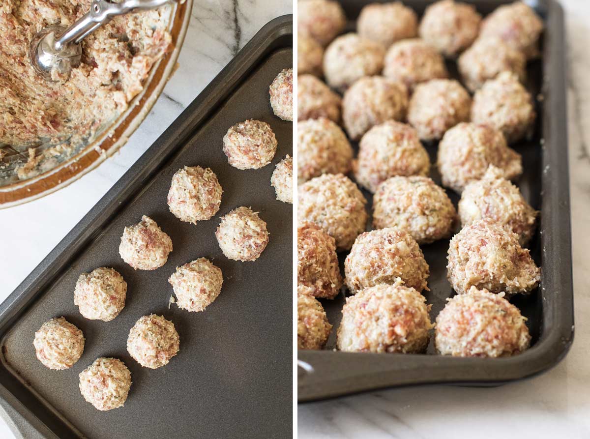 photo collage of the meatballs being scooped and lined up on a baking sheet.