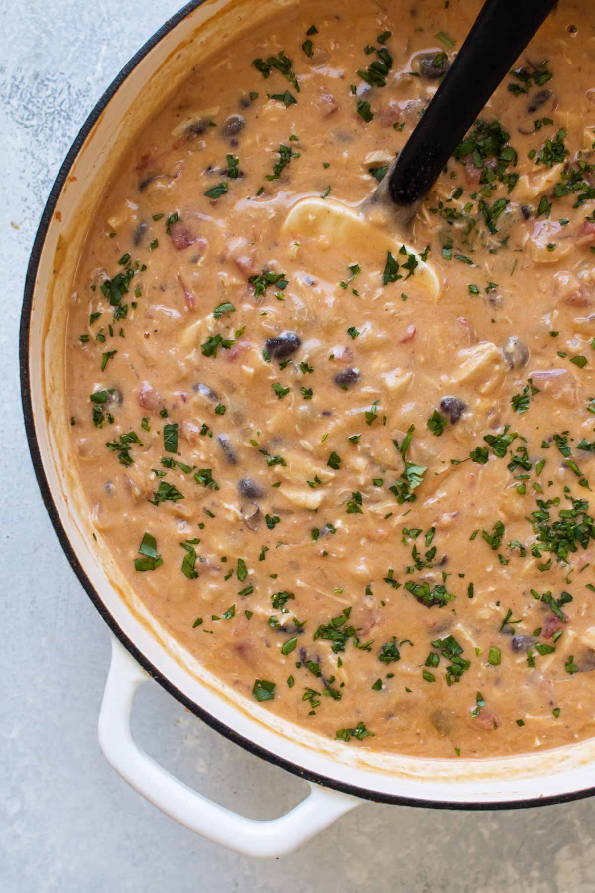 overhead shot of the soup in the pan