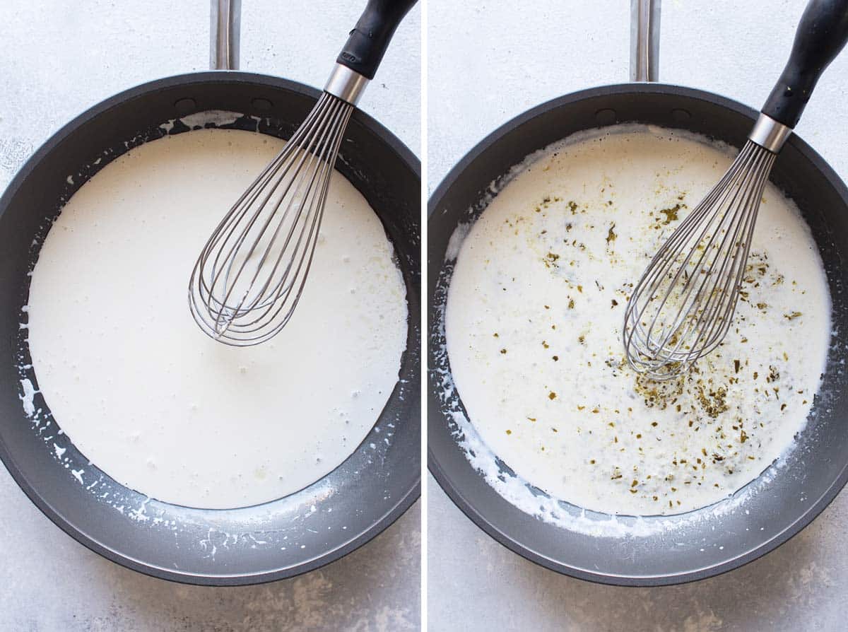 photo showing the butter and butter in the pan and a photo with the pesto added