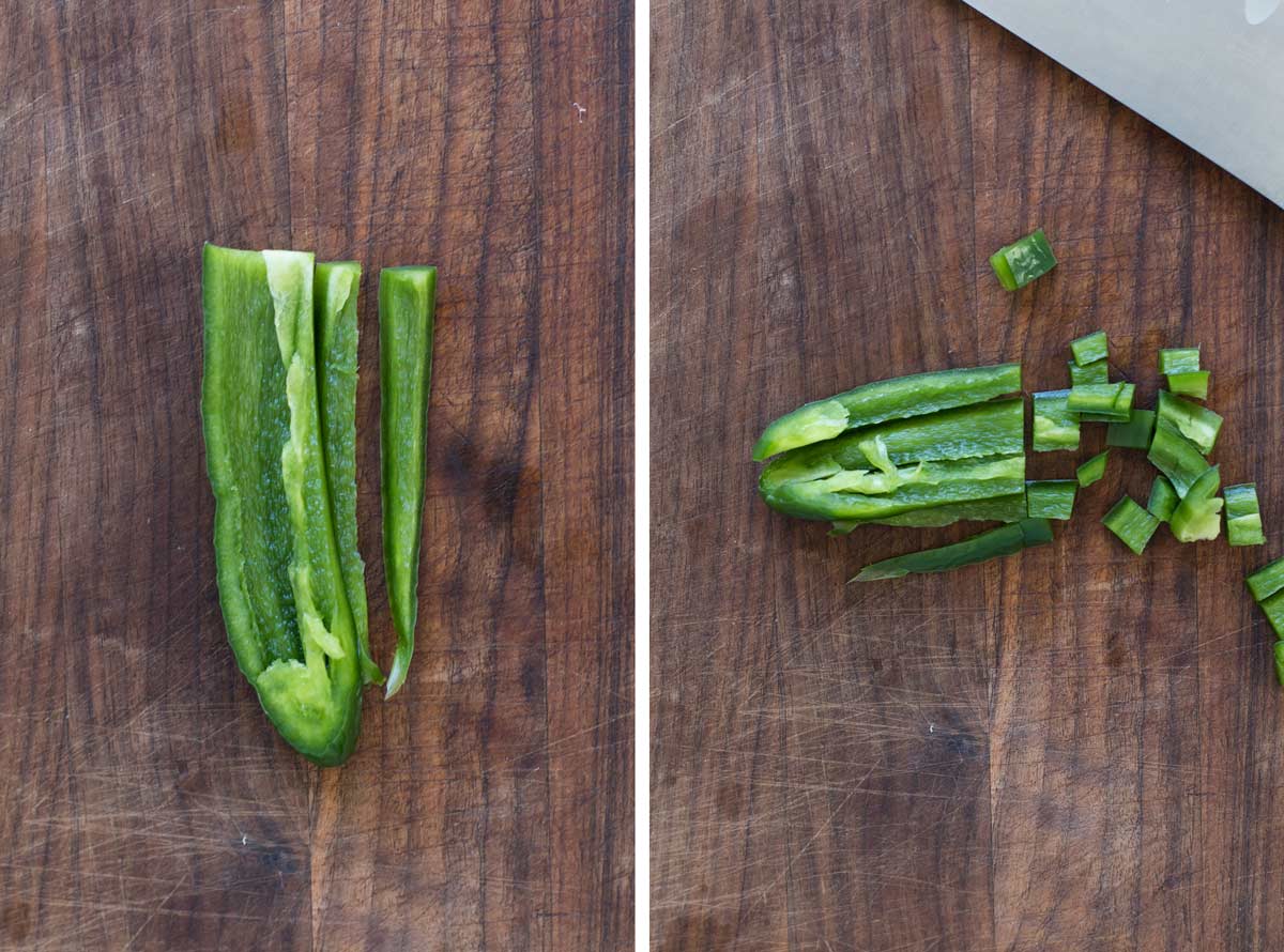 two photos showing how to dice an jalapeno