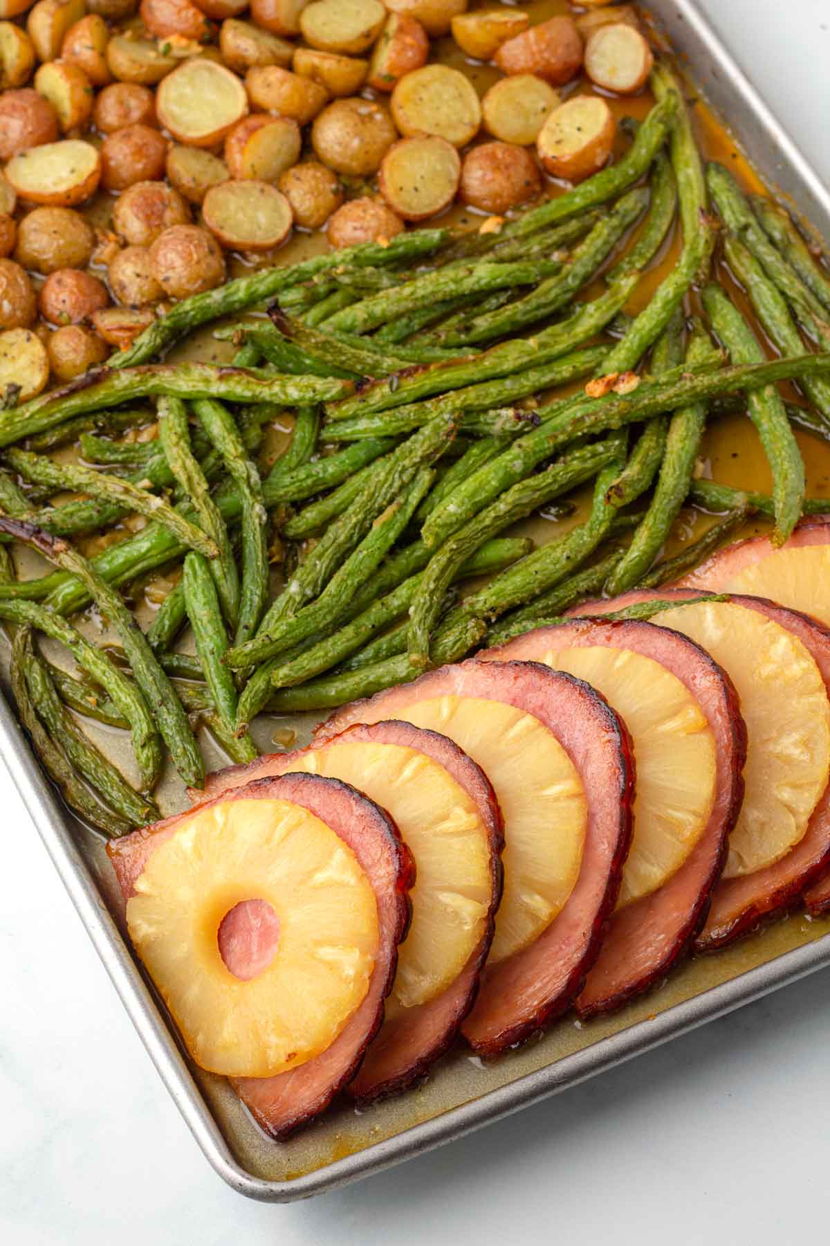 ham dinner on a sheet pan.